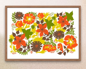 1970s Flowers ART PRINT - Vintage Plant Illustration - Retro Orange Green and Brown Decor - Tupperware Party!