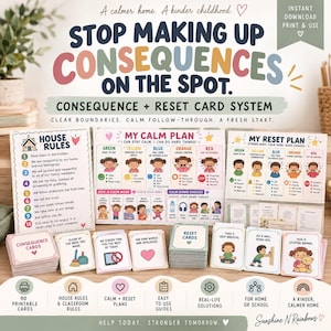 May include: A printable consequence and reset card system featuring a house rules chart, a calm plan chart, and a reset plan chart. The set includes 90 cards with illustrations and text for managing behavior, including calm down choices and reset actions.