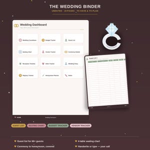 Può includere: Un pianificatore di matrimoni digitale intitolato THE WEDDING BINDER con 19 pagine. L'interfaccia mostra una dashboard con icone per budget, lista degli invitati e piano dei posti, insieme a una vista a foglio di calcolo e un'icona di anello.