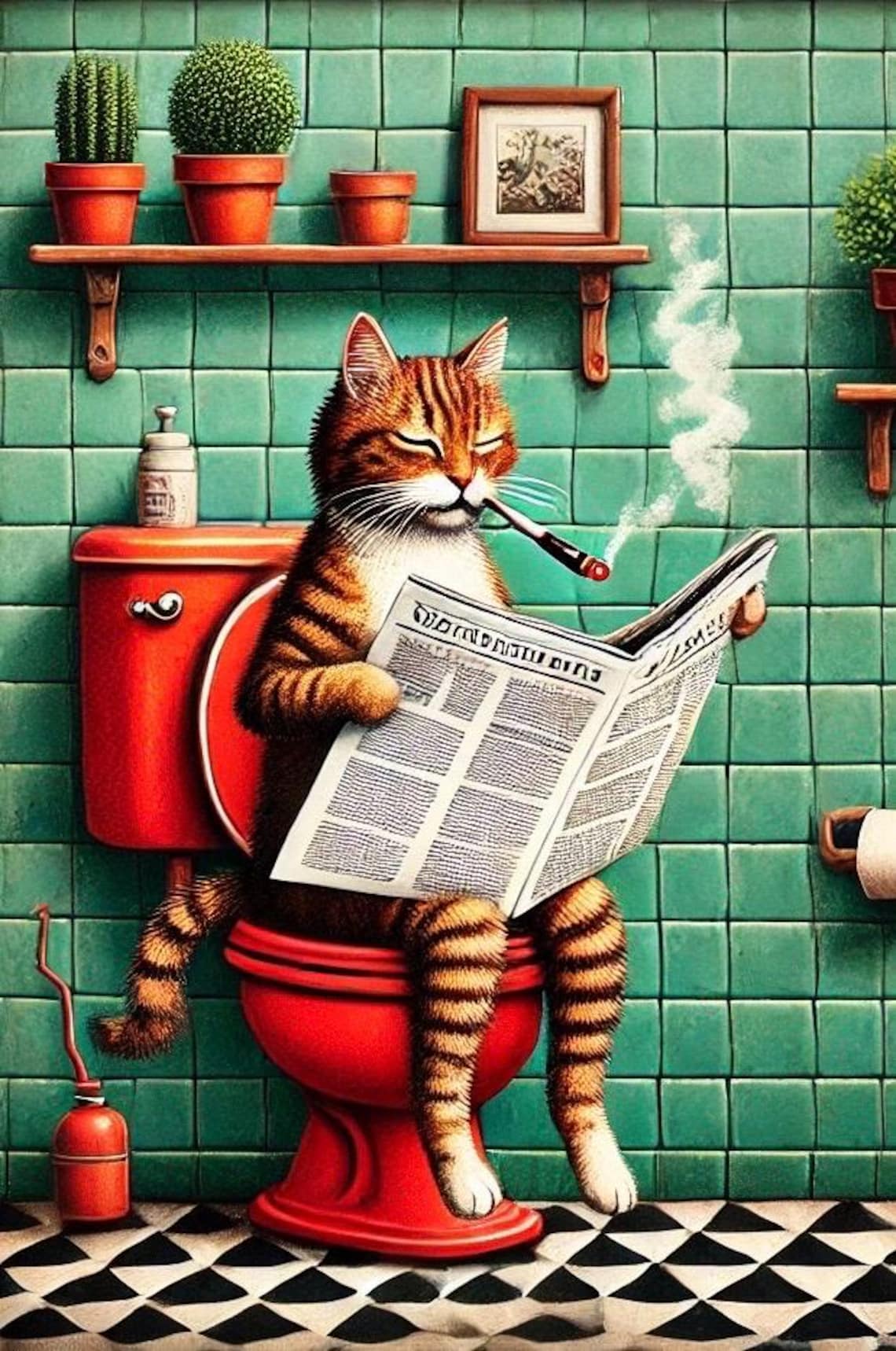 Cat on Toilet Illustration, Funny Cat Art Print Smoking Cat Reading ...