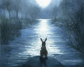 Isabella and the Moon,Watercolor Paper Print, Giclee, Bunny looking at the Moon ,Rabbit and the moon