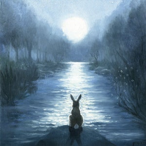 Isabella e la luna, stampa su carta acquerello, giclée, coniglietto che guarda la luna, coniglio e la luna