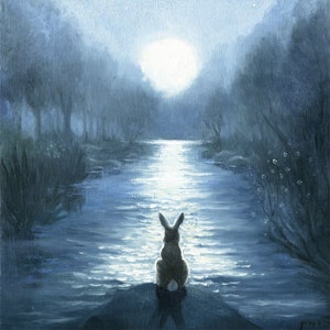 Isabella and the Moon,Watercolor Paper Print, Giclee, Bunny looking at the Moon ,Rabbit and the moon