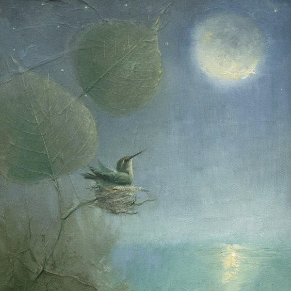Hummingbird Moon ,Watercolor Paper Print, Giclee,
