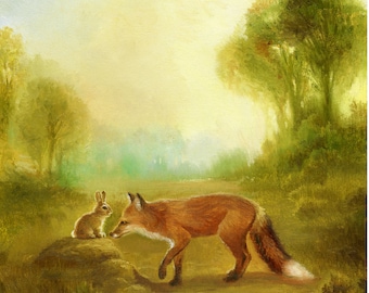 8x10"Isabella and the Fox, Spring, Easter ,Bunny , Rabbit, Print from Painting,Illustration, Baby Shower Gift, takes on the world