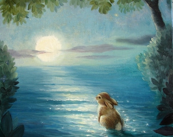 Isabella and the Moon Moment   ,Watercolor Paper Print, Giclee, Isabella