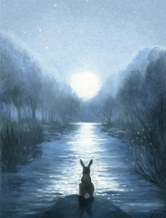 Isabella and the Moon,watercolor Paper Print, Giclee, Bunny