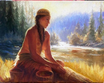 saleOriginal Painting Rogue River Woman Takelma  11x14 oil on canvas