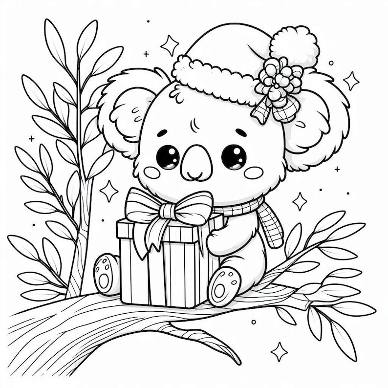 Kawaii Koala Christmas Colouring Page Cute Australian Animal Festive