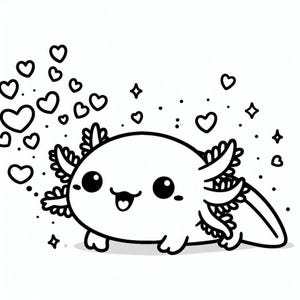 Puede incluir: Un dibujo en blanco y negro de un lindo axolotl de dibujos animados con una gran sonrisa y corazones flotando a su alrededor. El axolotl tiene ojos grandes y una boca pequeña. Está rodeado de corazones y estrellas.