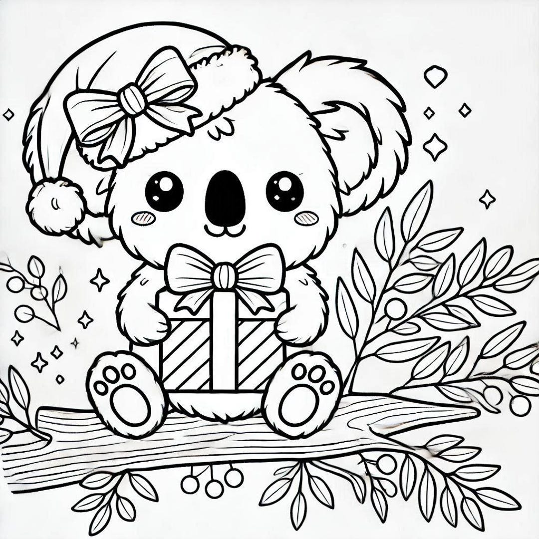 Kawaii Koala Christmas Colouring Page | Cute Australian Animal Festive ...