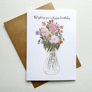 Carte de voeux d'anniversaire rose et vase de fleurs sauvages - intérieur vierge - fait main en Pennsylvanie