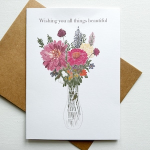 Grußkarte mit rosa Dahlien und Wildblumen - innen leer - handgemacht in Pennsylvania