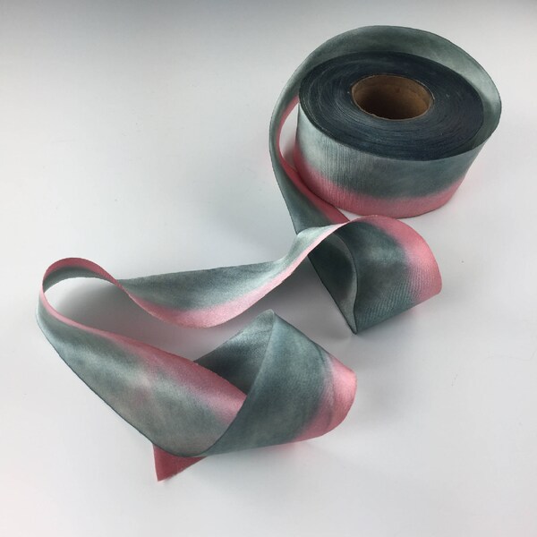 1.5" PINK GRAY Hand Painted SILK Satin Ribbon Hanah Silks Lovey Dovey 2 + yards