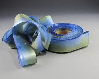 1" HAND PAINTED RIBBON Blue Green  Silk Satin  Morning Glory Blue Hanah   3 yd length