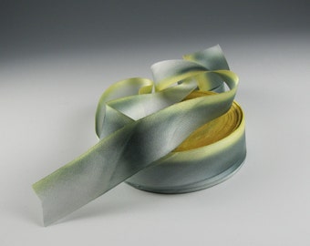 1" and 1.5" GRAY YELLOW Hand Painted Silk Satin Ribbon Hanah  Canary 2+ or 3+  yards