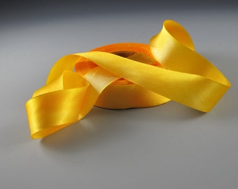 1"  HAND PAINTED YELLOW Silk Satin Ribbon  Hanah Dandelion 3 yd length