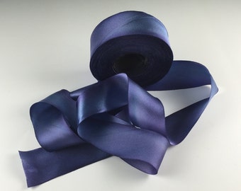 1.5" HAND PAINTED BLUE Silk Satin Ribbon Hanah Silks Lobelia  2 + yards