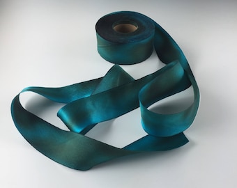 1.5" HAND PAINTED  TEAL Green Silk Satin Ribbon Hanah Silks Copper Patina 2 + yards