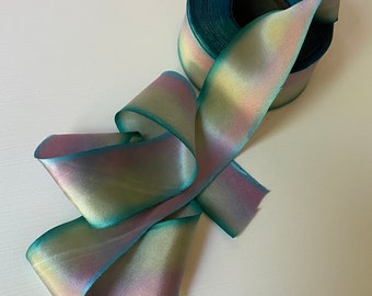 1.5" PASTEL ABALONE BLUE Hand Painted Ribbon Hanah Silk Satin Auralina  2 + yards