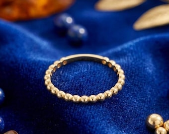 14k Solid Gold Bead Ring: Dainty Stacking Band