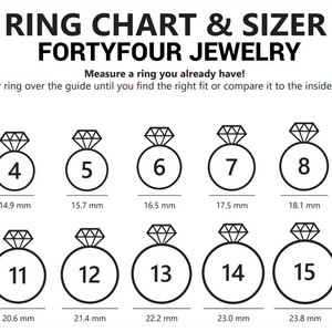 May include: A ring size chart with a diamond ring icon for each size. The chart shows sizes 3 through 16 with corresponding inside diameter measurements in millimeters.