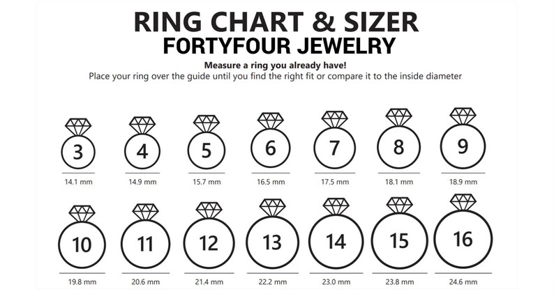 May include: A ring size chart with a diamond ring icon for each size. The chart shows sizes 3 through 16 with corresponding inside diameter measurements in millimeters.