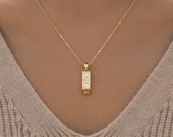 14K Gold Plated Bullion Bar Necklace: Vertical Pamp Pendant