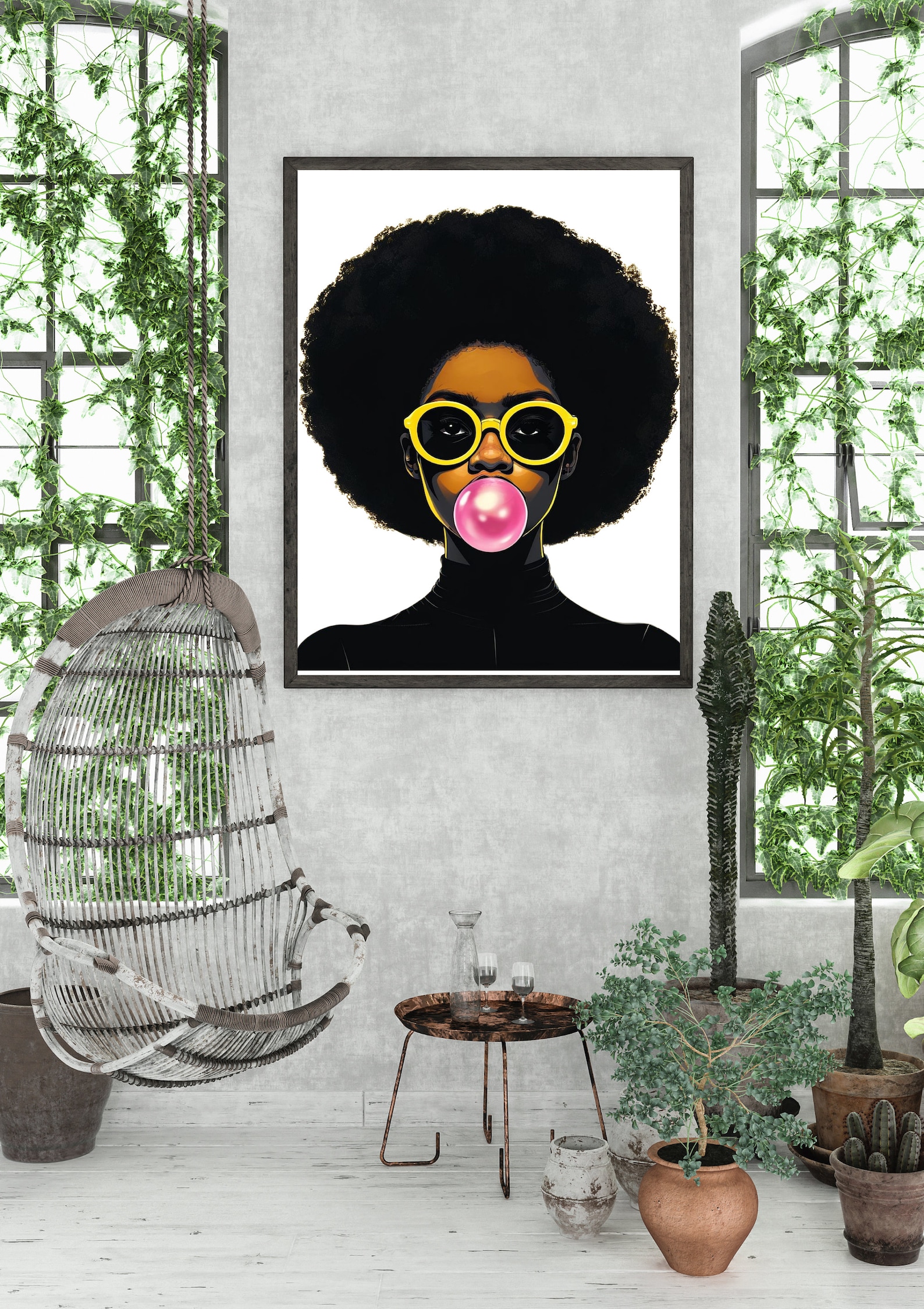 Black Woman Pop Art Print | Afro, Bubblegum, Yellow Sunglasses (digital ...