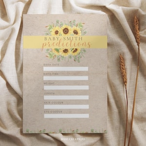 Rustic Sunflower Baby Shower Cards | Set of Three | Baby Predictions, Who knows mummy best & Advice | Editable Canva Template