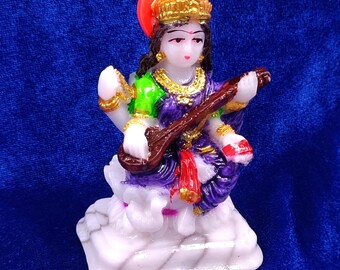 Goddess Saraswati Mata Murti | Polystone Multicolor Idol for Puja & Study Room | 4 Inch
