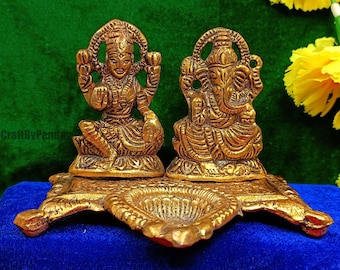 Brass Lakshmi Ganesh Statue with Diya