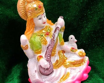 Goddess Saraswati Mata Murti | Polystone Multicolor Idol for Puja & Study Room | 4.5 Inch