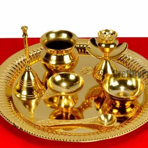 Brass Pooja Thali Set 8&quot; | Traditional Puja Plate with Kalash, Diya, Ghanti, Dhup Dan & Accessories | Hindu Aarti Thali for Mandir Gifts