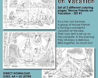 Mouse Friends on Vacation set 1 - kleurplaten met schattige muizen - 3 afbeeldingen - met de hand getekend - direct te downloaden - PDF - Formaat: A4 + US Letter