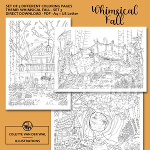 Whimsical Fall set3 - dibujos para colorear - 3 imágenes diferentes - ilustrado a mano - descarga instantánea - Colorear para adultos - Tamaño pdf: A4 + US Letter