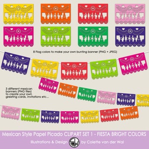 Papel Picado FIESTA / Mexican Style Papel Picado Bunting Banner Clip art SET 1 / Direct Download / Fiesta Bunting / Fiesta Invitation card