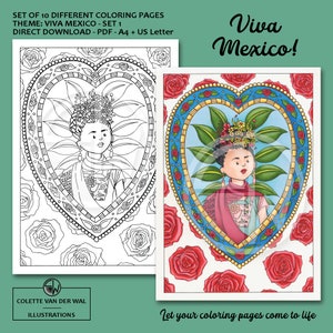 Páginas para colorir Viva México – Conjunto de 10 desenhos de arte popular desenhados à mão para adultos – PDF para impressão (A4 e Carta EUA) – Download instantâneo