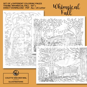 Whimsical Fall set2 - dibujos para colorear - 3 imágenes diferentes - ilustrado a mano - descarga instantánea - Colorear para adultos - Tamaño pdf: A4 + US Letter