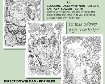 Fantasy Flowers Coloring Pages – Hand Illustrated, Set 1 (PDF Download)