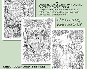 Fantasie Bloemen - set 1 - kleurplaten - bloemen - 3 afbeeldingen - hand geïllustreerd - directe download - PDF - A4 & US Letter