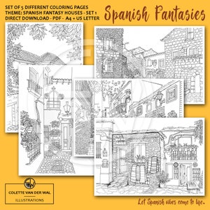 Spanish Fantasies - set 1,  coloring pages - set of 5 different images - hand illustrated - instant download - PDF Size: A4 + US Letter