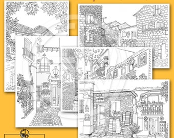 Spanish Houses Coloring Pages – Hand Illustrated, Set of 5 (PDF Download)