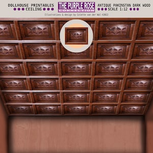 Peut inclure: Un plafond en bois foncé avec un motif sculpté décoratif. Le plafond est composé de panneaux carrés avec une section centrale surélevée. Les panneaux sont disposés en grille. Le plafond est un modèle à l'échelle 1:12.