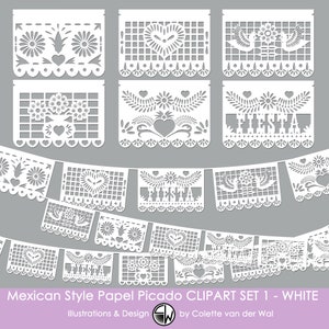 Papel Picado White / Mexican Style Papel Picado Bunting Banner Clip art SET 1 / Direct Download / Fiesta Bunting / Fiesta Invitation card