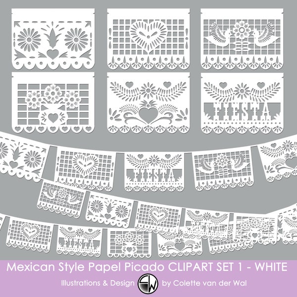 Papel Picado White / Mexican Style Papel Picado Bunting Banner Clip art SET 1 / Direct Download / Fiesta Bunting / Fiesta Invitation card