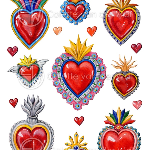 Mexican Sacred Hearts #2 (Hartjes in Mexicaanse stijl) - Prints voor DIY projecten - Directe Download - Illustraties: Colette van der Wal