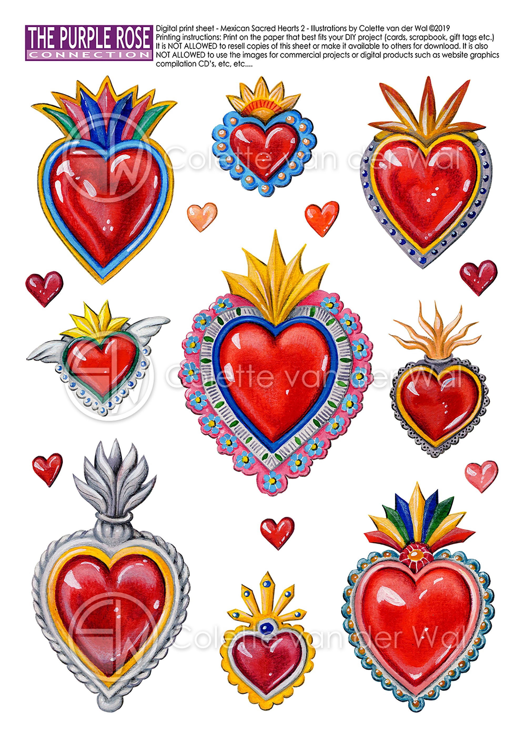 Mexican Sacred Hearts Printable Sheet No. 2 for All Your DIY Projects