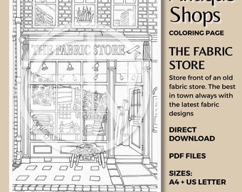 Antique Fabric Storefront Coloring Page – Hand-Drawn Illustration (PDF)