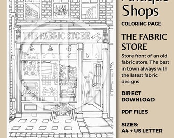 Antiekwinkels - The Fabric Store, kleurplaat - winkelfront - hand geïllustreerd - direct downloaden - PDF-formaat: A4 + US Letter